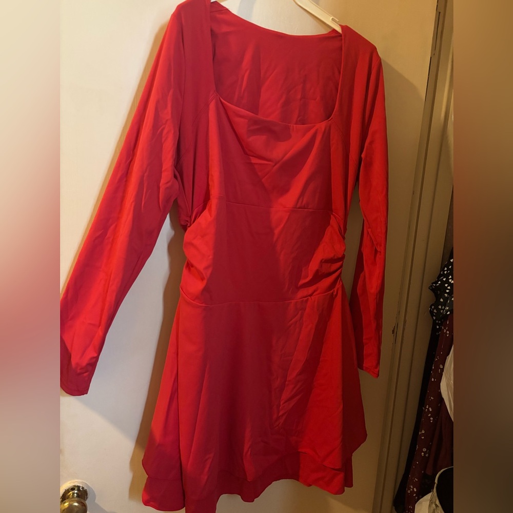 Square neck flattering Vibrant Red Long Sleeve Dress